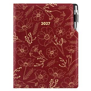 Diár DESIGN týždenný A4 2027 - bordová - Kvety