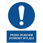 PRZED ZDJĘCIEM OCHRONY WYŁĄCZ - znak BHP z dziurkami, płyta PVC A4, 2 mm