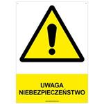 UWAGA NIEBEZPIECZEŃSTWO - znak BHP z dziurkami, płyta PVC A4, 2 mm