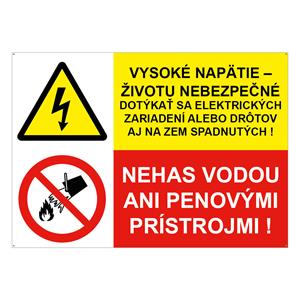 Vysoké napätie-životu nebezpečné-Nehas vodou ani penovými, kombinácia, plast 2mm s dierkami-297x210mm