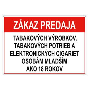 Zákaz predaja tab.výr, potrieb a el. cigariet os. ml. 18 - bezpečnostná tabuľka, pl. dierkami 2 mm, 75x150 mm